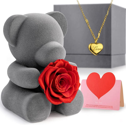 Ewige Rose mit Herz Halskette und Teddybär